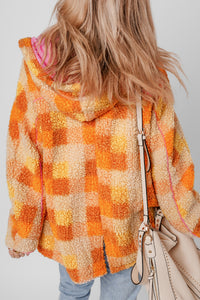 Online Orange Checkered Sherpa Hooded Jacket