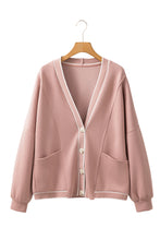 Load image into Gallery viewer, Pink Stripe Contrast Trim V Neck Buttoned Front Pocketed Knit Cardigan
