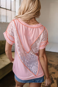 Online Light Pink Lace Patchwork Exposed Seam V Neck T Shirt