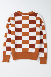 Online Pink Checkered Ribbed Edge O Neck Drop Shoulder Sweater