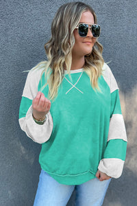 Online Aruba Blue Colorblock Patchwork Cross Seam Plus Sweatshirt