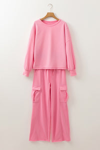 Online Sachet Pink Solid Color Patchwork Pullover Top and Cargo Pants Set