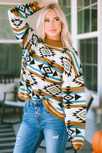 Load image into Gallery viewer, Online Brown Aztec Striped Knit Ribbed Trim Sweater
