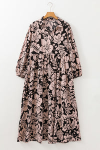 Online Black Plus Size Floral Printed Puff Sleeve Collared Maxi Dress