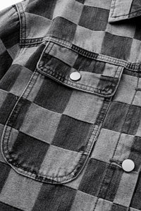 Online Black Checkered Patchwork Button up Denim Jacket