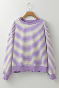 Online Pink Stripe Loose Drop Shoulder Long Sleeve Top