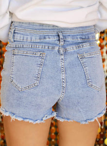 Online Beau Blue Rhinestone Light Wash Raw Hem High Waist Denim Shorts