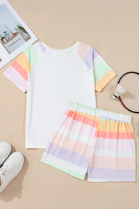 Online White Rainbow Striped T Shirt and Shorts Set