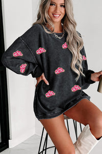 Online Black Glittering Cowboy Hat Patched Corded Pullover Sweatshirt
