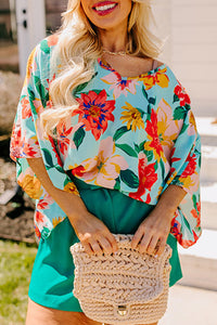 Online Sky Blue Plus Size Floral Print V Neck Batwing Sleeve Blouse