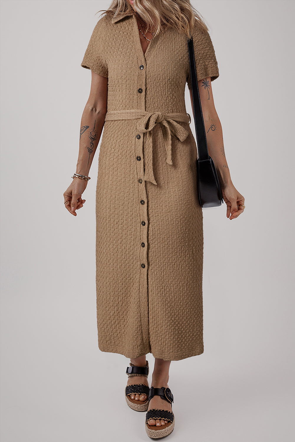 Online Buckskin Short Sleeve Textured Button Up Tie Waist Long Dress