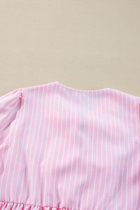 Online Pink Stripe Bowknot Front Crew Neck Puff Sleeve Blouse