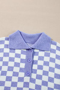 Online Purple Checkered Collared Buttons Plus Size Sweater