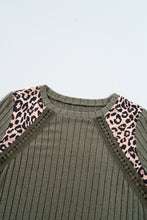 Load image into Gallery viewer, Moss Green Leopard Print Crochet Patchwork Rib Textured Knit Top
