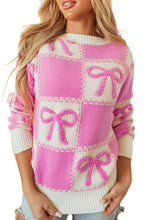 Load image into Gallery viewer, Online Pink Bow Knot Two Tone Checkered Crew Neck Sweater
