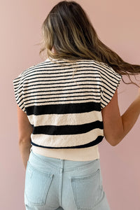 Online Black white Striped O Neck Sweater Vest