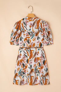 Online Brown Abstract Printed Puff Sleeve Button Up Braided Belt Mini Dress