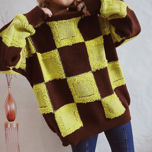 Online Checkered Round Neck Long Sleeve Sweater