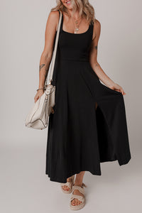 Online Black Sleeveless Scoop Neck Flared Split Midi Dress