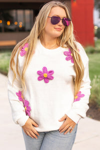 Online White Plus Size Flower Crochet Drop Shoulder Knit Sweater