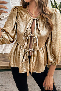 Online Gold Bow Tie Front Puff 3/4 Sleeve Ruffle Hem Blouse