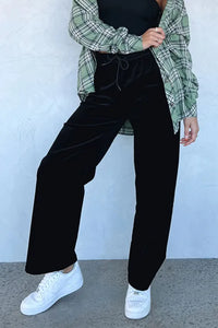 Black Solid Drawstring Waist Wide Leg Pants