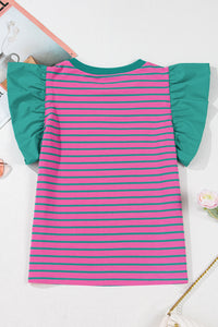 Online Pink Stripe Colorblock Ruffled Sleeve Crew Neck Blouse