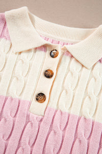 Online Pink Stripe Cable Knit Collared Henley Sweater