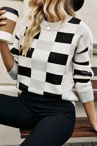 Online Pink Checkered Ribbed Edge O Neck Drop Shoulder Sweater