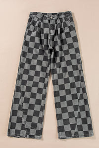 Online Dark Grey Checkered Denim Wide Leg Jeans