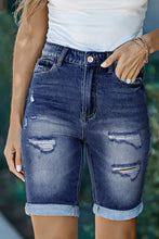 Load image into Gallery viewer, Blue Roll-up Distressed Bermuda Denim Shorts

