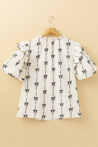 Online Apricot Bow Printed Ruffled Bubble Sleeve Lace-up Notched Neck Plus Size Blouse