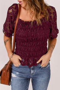 Red Floral Lace Crochet Ruffled Shirred Square Neck Top