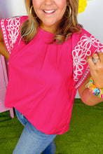 Load image into Gallery viewer, Online Strawberry Pink Floral Embroidered Flutter Sleeve Pleated O Neck Plus Size Blouse
