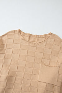 Online Light French Beige Solid Checkered Textured Knit Plus Size Sweater