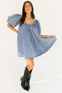 Online Myosotis Bubble Sleeve Square Neck Denim Babydoll Dress