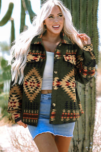 Online Green Aztec Print Flap Pockets Long Sleeve Shacket