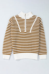 Online Pink Stripe Zip up Collar Drop Shoulder Sweater