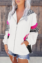 Load image into Gallery viewer, Online White Leopard Color Block Pockets Zip-up Hooded Jacket
