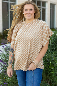 Online Khaki Checkerboard Short Batwing Sleeve Round Neck Plus Size T Shirt