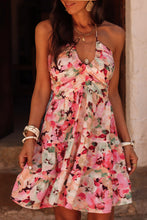 Load image into Gallery viewer, Online Pink Floral Sleeveless Halter Neck Shirred Back Ruffled Mini Dress
