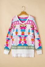 Load image into Gallery viewer, Online White Oversize Aztec Print High Low V Neck Sweater
