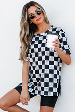 Load image into Gallery viewer, Online Black Western Fashion Checkerboard Print Side Split T Shirt
