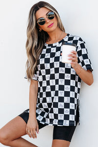 Online Black Western Fashion Checkerboard Print Side Split T Shirt