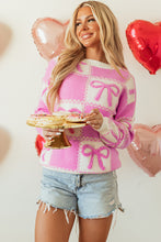 Load image into Gallery viewer, Online Pink Bow Knot Two Tone Checkered Crew Neck Sweater
