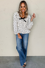 Load image into Gallery viewer, Online Black Polka Dot Puff Sleeve Bow Square Neck Peplum Top
