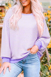 Online Pink Stripe Loose Drop Shoulder Long Sleeve Top
