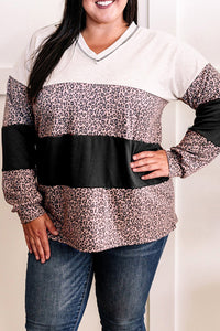 Online Black Leopard Print Colorblock V Neck Long Sleeve Plus Size Top