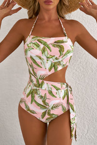 Online Pink Tropical Asymmetric Cut out Halter Backless One Piece Swimwear