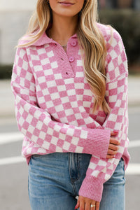 Online Apricot Checkered Buttons Collar V Neck Drop Shoulder Sweater